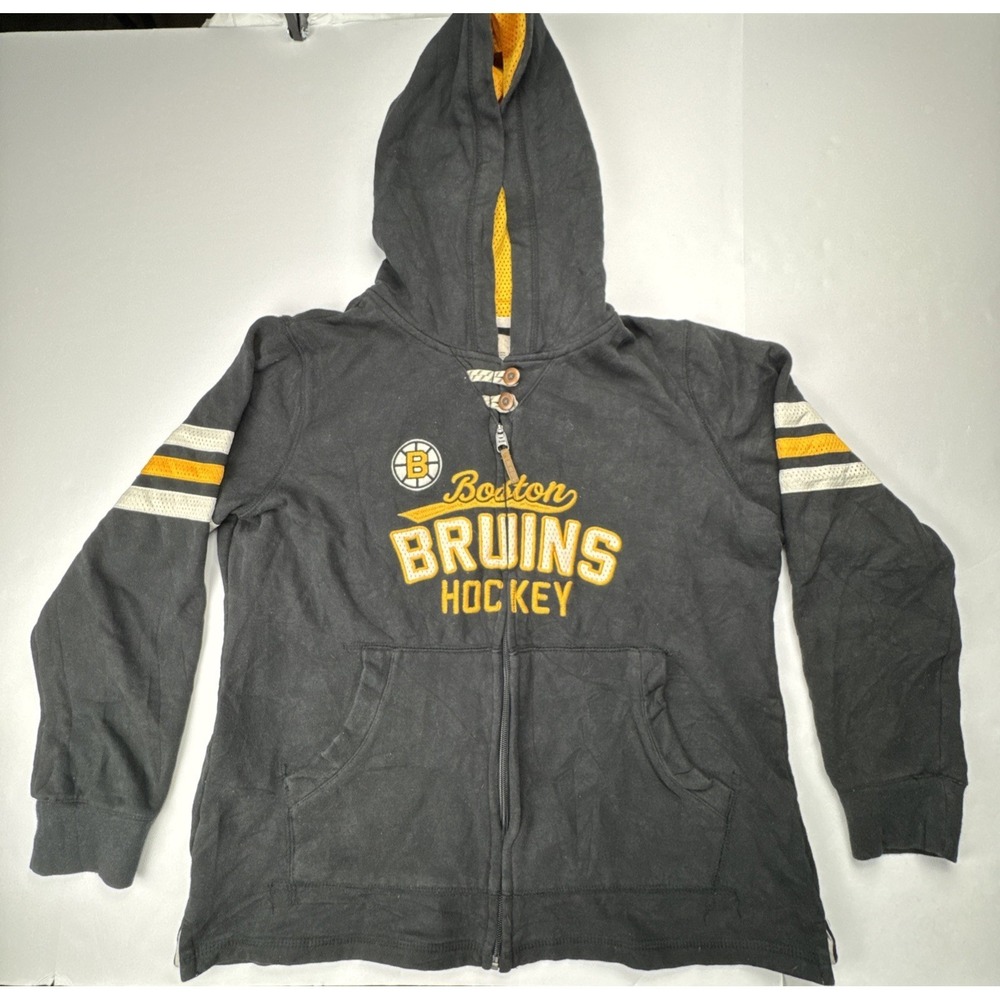 CCM Boston Bruins Hockey Full Zip Hoodie‎ Button Neck Mesh Hood Large Black Gold